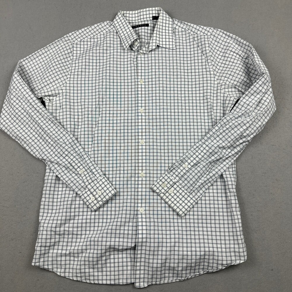Theory Shirt Men Large Blue Windowpane Oxford Long Sleeve Stretch Cotton L